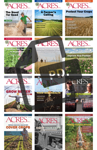 All 12 front covers of 2022 Acres USA magazines with a PDF logo superimposed on top