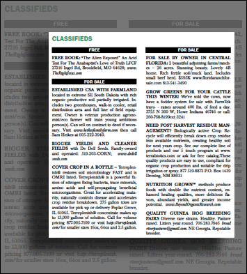 Example of classifieds page in Acres USA magazine