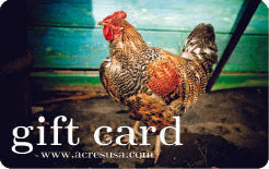 Acres USA gift card with a photo of a chicken